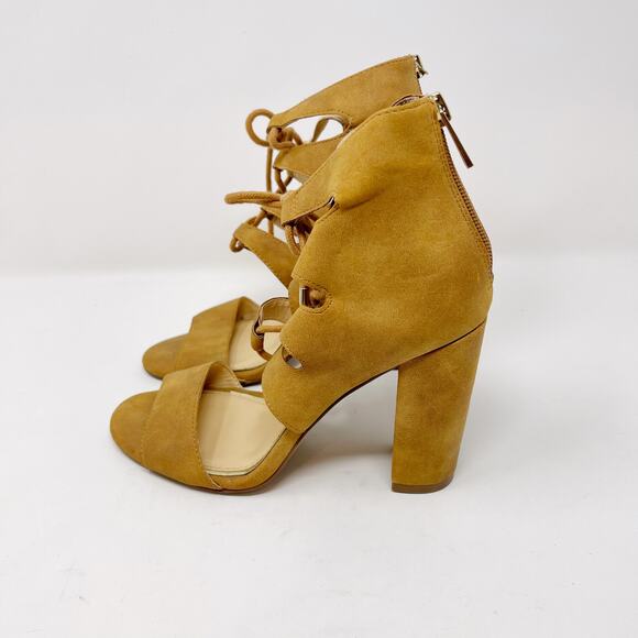 Jessica Simpson 6 Tan Loreez Lace Up Chunky Block Heels Open Toe Faux Suede - Picture 7 of 12